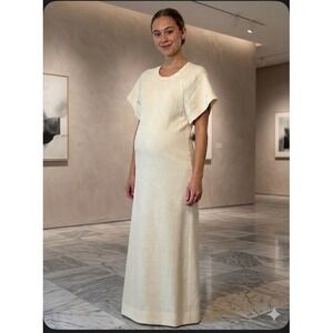 Legoe Heritage Maternity Ivory Rib Knit Maxi Dress Short Sleeve Lined Size XS